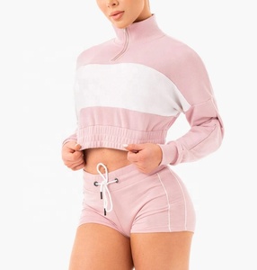 Haut court surdimensionné à manches longues pour femmes personnalisé 95% coton 5% Spandex Gym Hoodie brodé sur le devant Fitness Pull - Product Image 1