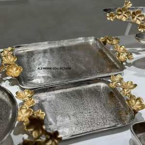 Fantastic Golden Leafy <b>Side</b> Handle Design White Enamel Color Decorative Serving Tray Irregular Shape Food & Dessert Use - Product Image 3