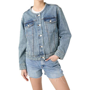 Chaqueta vaquera personalizada para mujer con cuello alto bordado y botón de metal Color sólido Estilo informal de invierno - Product Image 1