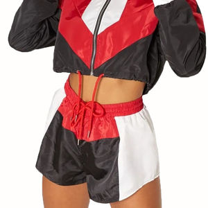 Women's Custom Nylon Made Breathable Waterproof Windbreaker <b>Short</b> Sets with Crop Hood OEM Service Gym Workout Tracksuits - Product Image 1