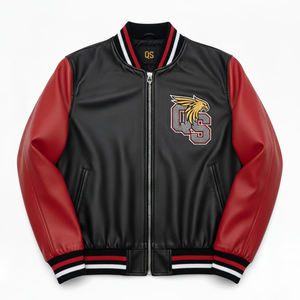 เสื้อแจ็คเก็ตหนังผ้าใบเคลือบพรีเมี่ยมสำหรับผู้ชายฤดูหนาวคอตั้งมีสไตล์แขนสีตัดกันเรียบและดีไซน์ซิปรูดทันสมัย - Product Image 1