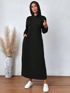 Vestido Sudadera Largo con Capucha de Felpa de Algodón Tejido para Mujer, Ropa de Invierno con Bolsillos, Opciones de Estampado Sólido y Bordado - Product Image 6