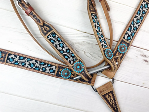 Juego de arreos de cuero repujado con cuentas de leopardo azul, cabezada y pechera para caballo estilo western, tallas completo/cob, equipo de equitación personalizado - Product Image 5