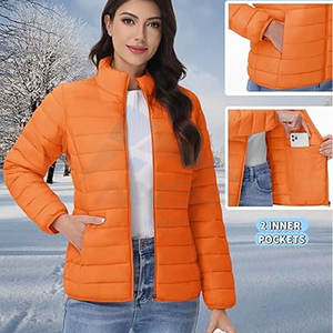 Veste matelassée pour femme tendance, manteau d'hiver matelassé léger, fermeture éclair intégrale, col montant, vêtements d'extérieur orange - Product Image 5