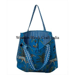 Sac fourre-tout matelassé en coton vintage imprimé en blocs de jungle fait à la main, écologique, logo personnalisé, fermeture éclair, hiver, printemps, été - Product Image 3