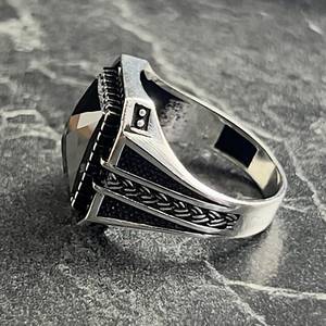 925K Sterling Silver Fine <b>Ring</b> Square Black <b>Garnet</b> Gemstone Embroidered Knitted Pattern Minimalist Style Handmade Gift - Product Image 4