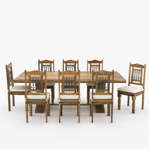 Ensemble table et chaises de salle à manger en teck massif 8 places, dossier en fer forgé, piétement sur pied, artisanal, moderne, écologique, mobilier de maison - Product Image 2