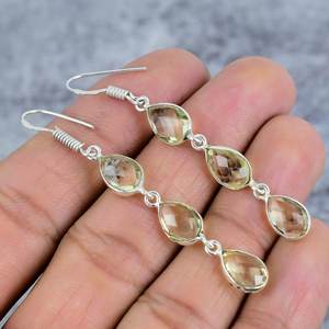 Boucles d'oreilles en quartz citron trois pierres précieuses Boucles d'oreilles en argent sterling 925 Boucles d'oreilles pendantes en forme de poire faites à la main - Product Image 1