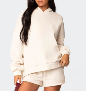 Conjunto de 2 Piezas para Mujer, Sudadera con Capucha y Pantalones Cortos de Felpa Gruesa de Algodón, Estilo Casual de Invierno, Corte Regular, Color Sólido - Product Image 6