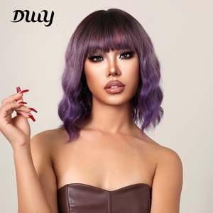 Amelia-DWY for Ombre Purple Curly <b>Wig</b> Bangs 32 Inches High Temperature Fiber Lace Front <b>Wig</b> Transparent Lace Cuticle Aligned - Product Image 1