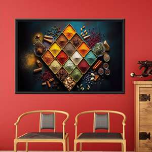 Tableau sur toile imprimé moderne : Assiettes de cuisine aux couleurs vives, décoration de cuisine, 1 pièce : encadré noir - Product Image 1