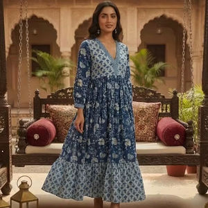 Vestido Midi con Estampado Digital Azul Índigo, Vestido Largo de Algodón con Volantes, Cuello en V, Vestido de Verano para Mujer, Estilo Étnico Indio, Boho Chic, Lavable - Product Image 1