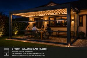Pergola bioclimatique en aluminium 3x5 pour extérieur avec lames motorisées et cloison en verre coulissante sans cadre - Product Image 4