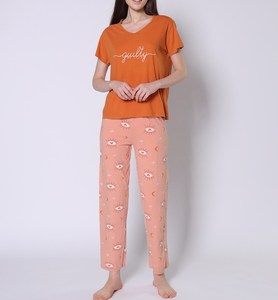 Bangladesh Women's Casual Fashion <b>Pyjamas</b> ODM Supply 100% Cotton Soft Smooth Jersey Fabric Elastic Floral Pattern Short Sleeve - Product Image 1