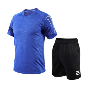 Camiseta de Fútbol Sublimada Azul para Hombre con Pantalones Cortos Negros, Cuello Redondo, Manga Corta, Absorbe la Humedad, Ropa Deportiva, Estampado Geométrico - Product Image 1