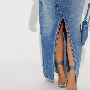 Nouveau coton à la mode à la mode 5 poches fente avant décontracté Denim Maxi jupe/vente en gros taille haute femmes lavage moyen oem - Product Image 5