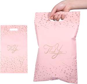 Paquete de 100 bolsas de polietileno de agradecimiento de 25x33 cm con asa y sello autoadhesivo, diseño con estampado en rosa y dorado - Product Image 1