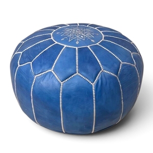 Blue Moroccan Leather Pouf Ottoman Handmade <b>Stitched</b> <b>Cushion</b> Seat for Bedroom Living Room Hotel - Product Image 1
