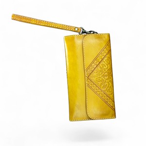 Portefeuille-pochette court pliable en cuir véritable jaune, gaufré et gravé à la main, pour usage quotidien - Product Image 3