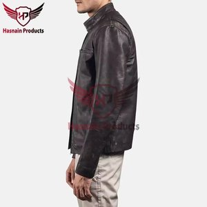 <b>Mens</b> Real <b>Brown</b> <b>Leather</b> <b>Jacket</b> Distressed Stand Collar Zip Chest Pockets Sheepskin Biker Coat Custom Vintage Winter Outerwear - Product Image 4