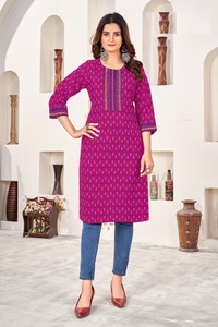 Tela de rayón oro Khadi impresión encaje trabajo Kurti para la venta en línea - Product Image 4