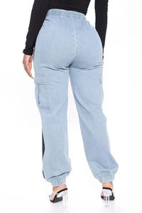 Venta al por mayor de alta calidad OEM ODM cuero negro azul de las mujeres de la mezcla de mezclilla Cargo Joggers pantalones para las mujeres - Product Image 6