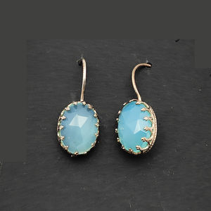 Aqua Calcedonia 14x10mm Oval 925 Pendientes colgantes de plata esterlina 4.81gm Piedra preciosa Joyería hecha a mano para mujeres Chica Pendientes finos - Product Image 4