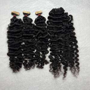 Grado 10A Virgen Brasileña 100% Pelo crudo de alta calidad Cinta rizada birmana negra Ins Paquetes de doble estiramiento con encaje HD de Qhair - Product Image 3