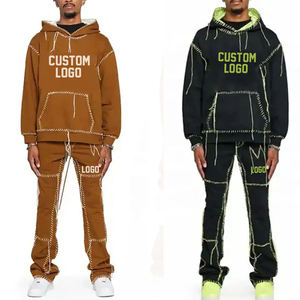 Chándales de lana de algodón de gran tamaño Unisex con contraste de colores de logotipo personalizado OEM, pantalones apilados de invierno para hombre, Sudadera con capucha técnica impresa - Product Image 1