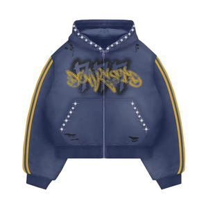 High Quality 100% Cotton French Terry Washed Print <b>Zip</b>-<b>up</b> <b>Hoodie</b> Boxy Heavyweight Vintage Streetwear <b>Cropped</b> Anti-Shrink - Product Image 3
