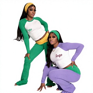 Conjunto de 2 Piezas para Mujer con Logotipo Personalizado, Top Raglán de Manga Larga y Pantalones Ajustados de Jersey de Algodón para Verano - Product Image 1