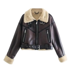 Winter Women Streetwear Faux Lamb <b>Leather</b> <b>Fur</b> Short Jacket <b>with</b> Belt Moto Biker Thick Warm Sheepskin <b>Coat</b> Outwear - Product Image 1