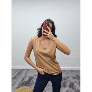 Camiseta de Mujer Mybeefashion con Hombros Acolchados y Cuello en V, 100% Algodón, Manga Corta, Estilo Casual en Beige para Uso Diario - Product Image 1