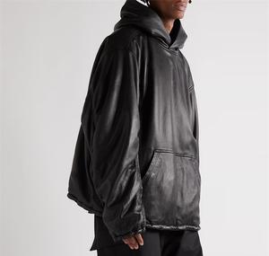 <b>Men's</b> Winter Solid Leather Hoodie Custom Dropped Shoulders <b>Pullover</b> Oversized Full Grain Garment Dyed Eco-Friendly Worsted - Product Image 3