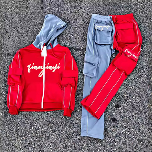 Chándal con Capucha Rojo Gris Tianjiaji, Manga Larga con Cremallera, Estilo Deportivo, Transpirable, de Poliéster, para Adultos, Ropa de Otoño - Product Image 1