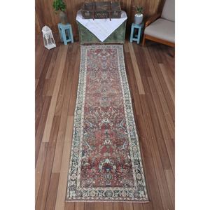 พรมวินเทจขนาด 2.6x9.6 ฟุต พรมตุรกีขนาดเล็ก ลายเรขาคณิตสีแดงพร้อมลวดลายดอกไม้ - Product Image 1