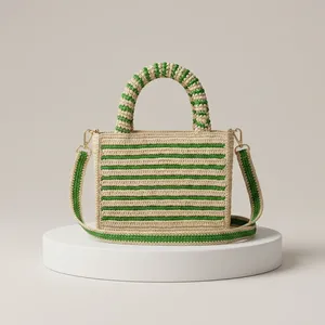 Sac fourre-tout unisexe élégant et écologique en crochet rayé avec fermeture éclair, poignée vert-beige, style bandoulière pour usage quotidien - Product Image 1