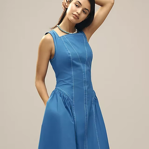 Vestido Maxi Casual para Mujer, Cuello en V, Bordado a Máquina, 100% Algodón, Cintura Natural, Lavable, Manga Corta, con Bolsillos - Product Image 1