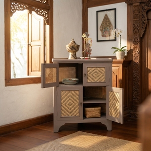 Rustic wooden corner nightstand bedroom bedside cabinet handwoven rattan doors premium <b>storage</b> organizer elegant home furnitures - Product Image 2