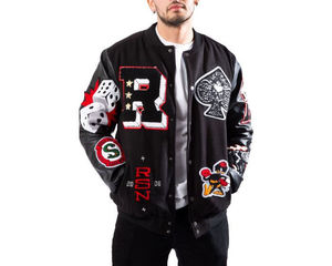 Chenille Embroidered Varsity Jacket <b>Stand</b> Collar Stylish Retro High Street Letterman Front Side Pockets Customizable - Product Image 3