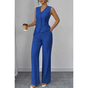 Ensemble deux pièces en lin pour femmes, chemisier sans manches boutonné devant et pantalon, 37767 - Bleu - Product Image 4