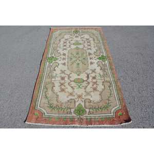 Tapis turc Vintage Beige Vert 3.6 X 6.8ft fait à la main en laine grande surface Patchwork Design rectangulaire couloir Latex pour la décoration de la chambre - Product Image 1