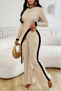 Ensemble deux pièces en molleton beige de qualité supérieure - Blouse à manches longues à coupe asymétrique et pantalon - Textile turc de haute qualité en vrac - Product Image 3