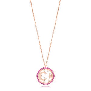 Collier avec pendentif en pierre de rubis et lune, breloque ronde, pierre de Zircon, étoile en argent Sterling 925, bijoux turcs faits à la main - Product Image 2