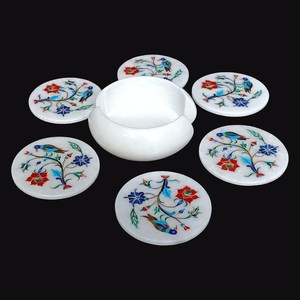 Posavasos de mármol blanco tallado con incrustaciones para bebidas frías y calientes, juego de posavasos con soporte para té y café, par para mesa. - Product Image 4