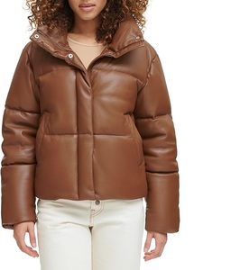 Women's Cropped Quilted <b>Leather</b> Puffer <b>Jacket</b> Full-Zip with Waterproof <b>Winter</b> Long Sleeve Fancy Hood Button Decoration Pullover - Product Image 6