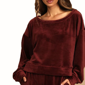 Ensembles de vêtements de détente pour femmes, coupe ajustée, respirants, grande taille, couleur unie, logo personnalisé, velours bordeaux, velours côtelé, jogging 2 pièces, survêtement - Product Image 2