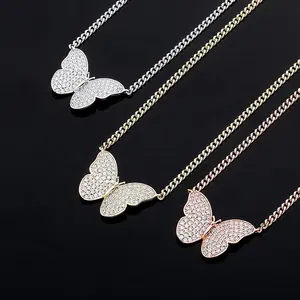 Fashion Jewelry Cooper Material Rose Gold Plated Cuban Chain Micro Pave Setting Cz Diamond Butterfly Necklace