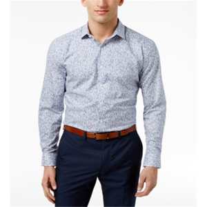 Camicia elegante da uomo Bar III in popeline 100% cotone, a fantasia floreale, con colletto, vestibilità slim, antipiega, taglie 15X32X33, per affari, autunnale, blu - Product Image 1