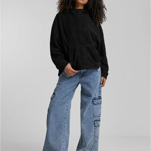 Sudadera con Capucha de Forro Polar Negro para Mujer, Chaqueta con Cierre, Ropa Exterior de Sherpa, Manga Larga, Suave, Cálida, Informal, Ajuste Relajado, Cómoda, para Otoño, Invierno, Uso Diario - Product Image 4